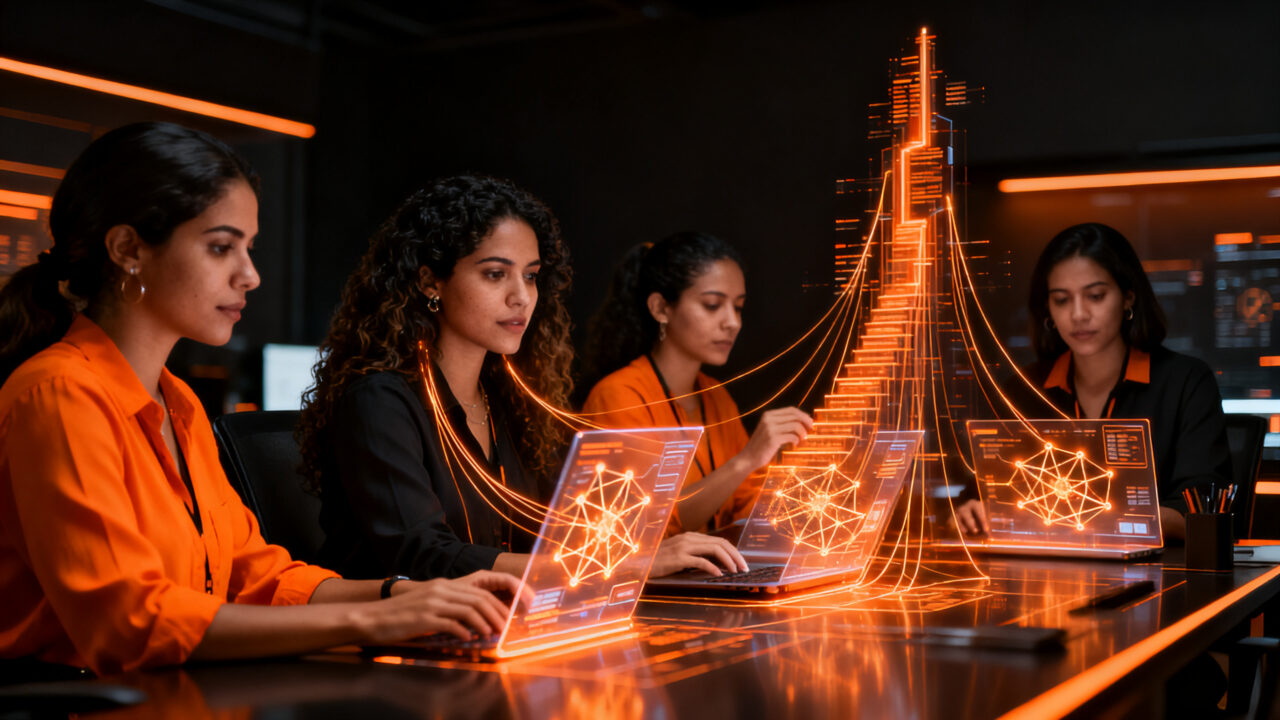 Mujeres latinoamericanas capacitándose en inteligencia artificial y tecnología en una iniciativa de AWS y Shakira.