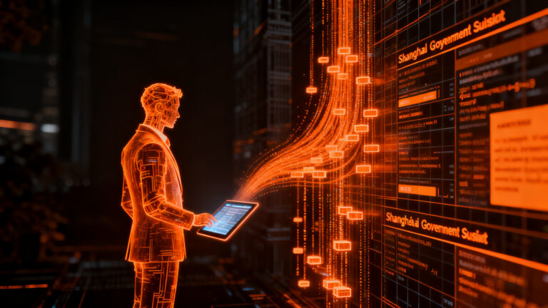 Agente de IA analizando datos de subsidios gubernamentales en Shanghai para pymes a través de una interfaz digital.