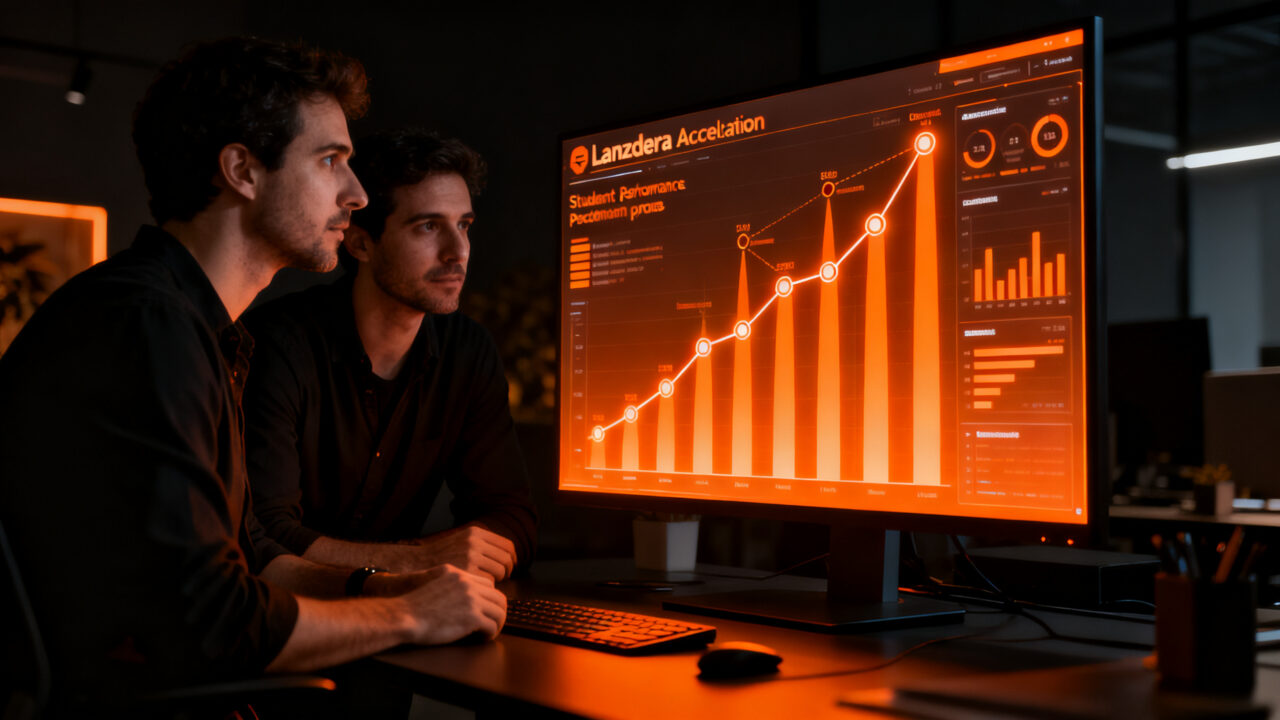Emprendedores de la startup edtech SherpApp analizando datos de aprendizaje para prevenir el abandono escolar en un entorno tecnológico.