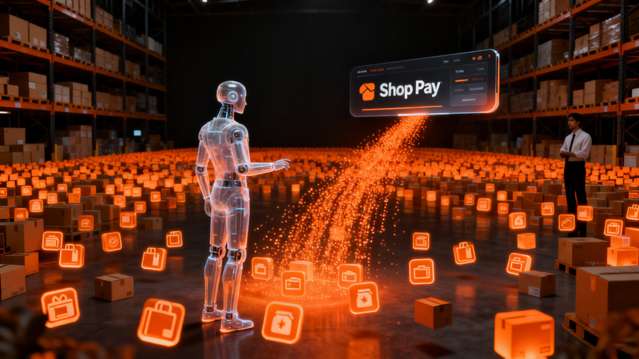 Representación conceptual de un agente de IA realizando compras automáticas en el ecosistema de e-commerce de Shopify.