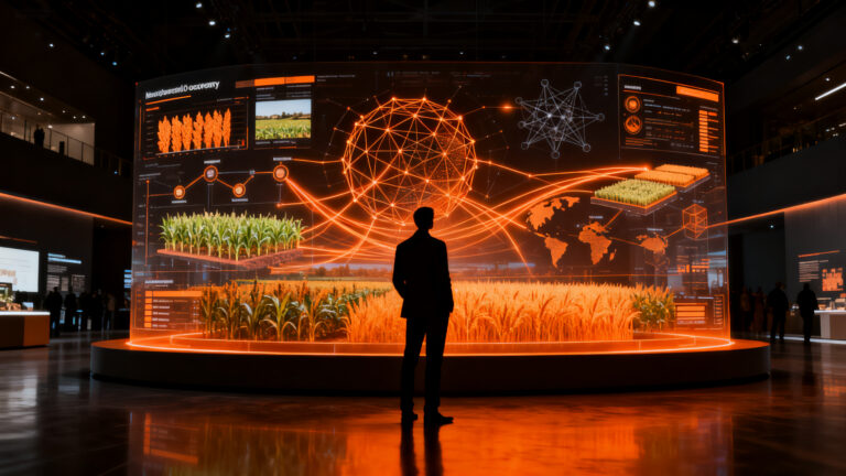 Profesional en SIAL París 2026 analizando datos de soberanía alimentaria y foodtech mediante inteligencia artificial.