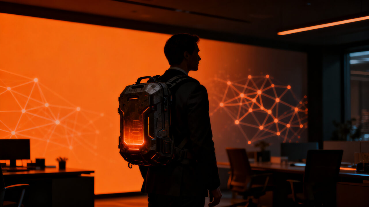 Mochila de supervivencia tecnológica de alta gama en Silicon Valley, representando la preparación contra ciberataques de IA.