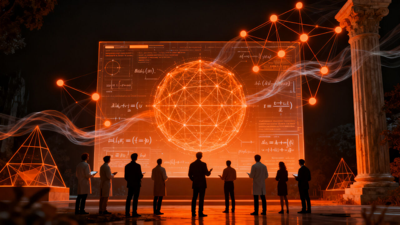Investigadores y matemáticos colaborando con inteligencia artificial en un entorno de alta tecnología, financiados por Simons Foundation y OpenAI.
