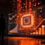 Inversor analizando el mercado de semiconductores y memoria HBM frente a una estructura de datos financiera naranja y negra.