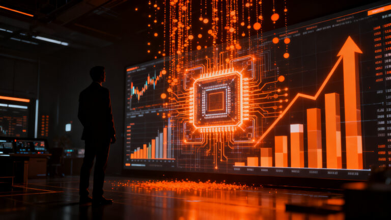 Inversor analizando el mercado de semiconductores y memoria HBM frente a una estructura de datos financiera naranja y negra.