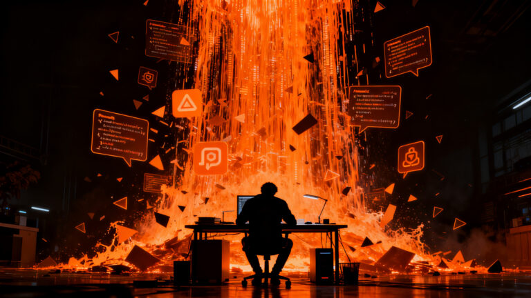 Desarrollador de software abrumado por un flujo infinito de datos digitales e inteligencia artificial, representando la crisis del código abierto o slopocalipsis.