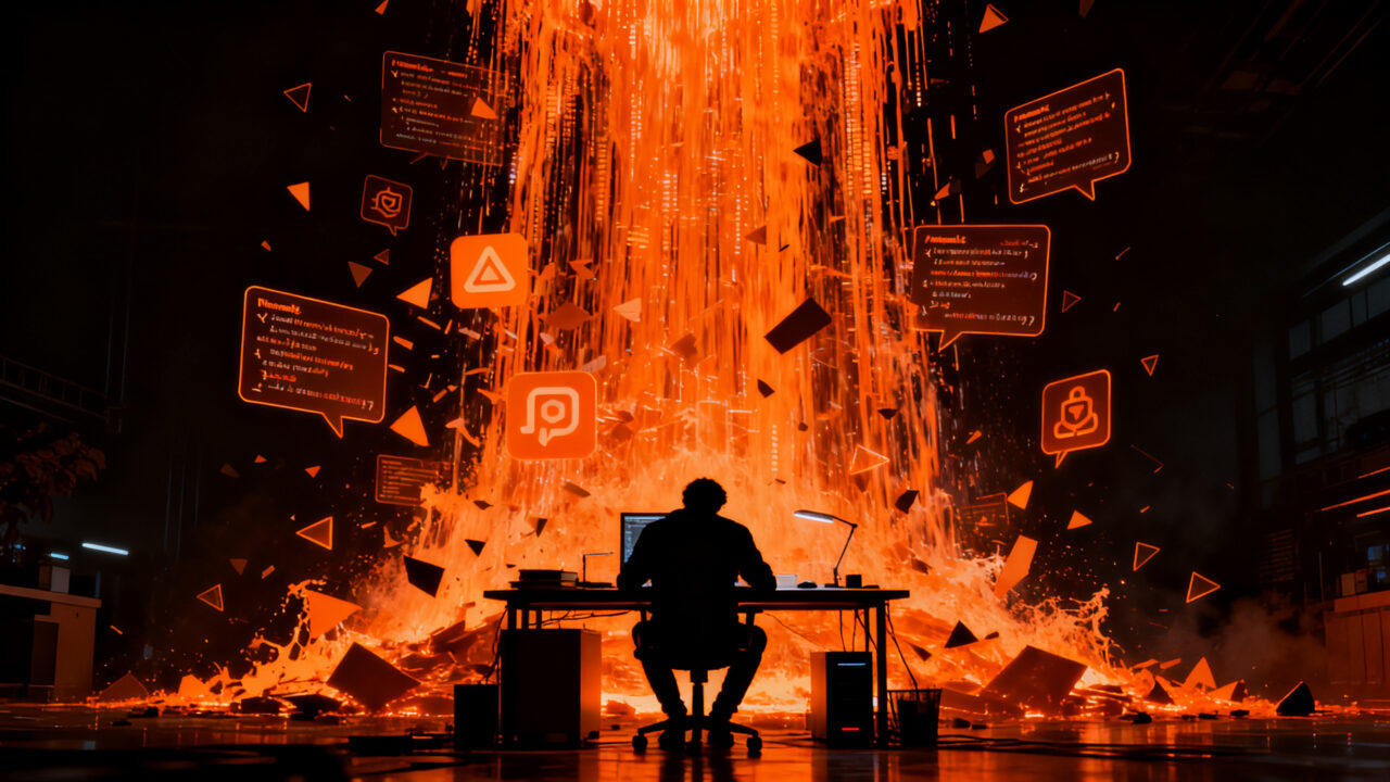 Desarrollador de software abrumado por un flujo infinito de datos digitales e inteligencia artificial, representando la crisis del código abierto o slopocalipsis.