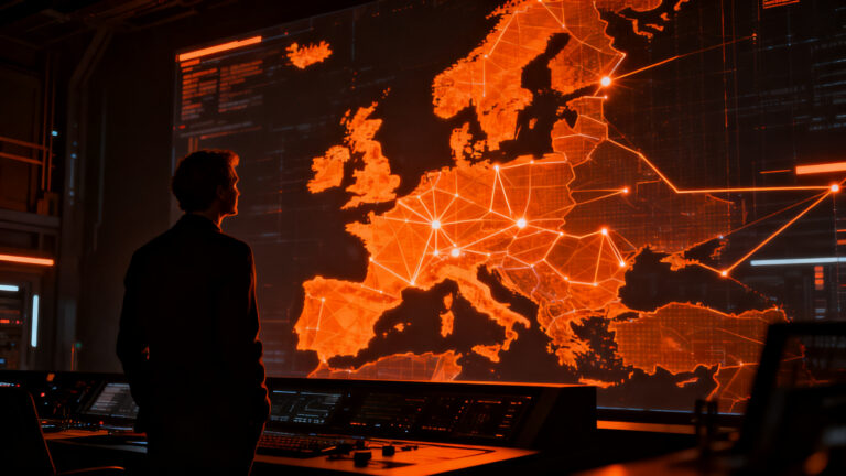 Soberanía digital europea frente a la dependencia tecnológica: un estratega observando un mapa de conexiones globales en un entorno futurista.