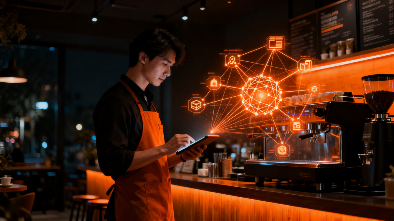 IA agéntica gestionando la operativa de un café, representando la automatización de negocios y la inteligencia artificial en startups.