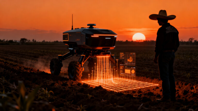Robot agrícola de Soiltronix analizando suelo en campo mexicano para agricultura de precisión.