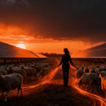 Modelo de negocio agrivoltaico Solar Sheep: Julie Bishop pastoreando 450 ovejas en parque solar para eficiencia operativa.