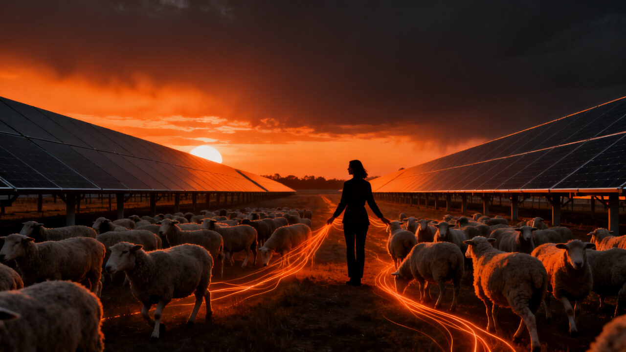 Modelo de negocio agrivoltaico Solar Sheep: Julie Bishop pastoreando 450 ovejas en parque solar para eficiencia operativa.