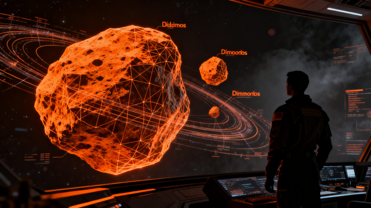 La sonda espacial Hera navegando hacia el sistema binario de asteroides Dídimo y Dimorfo en una misión de defensa planetaria.