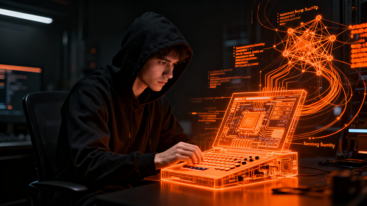 Hacker analizando vulnerabilidad de ciberseguridad en consola PS5, representando los programas de bug bounty y la seguridad tecnológica.
