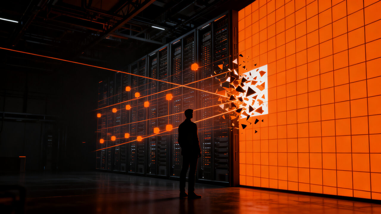 Profesional de ciberseguridad analizando amenazas de Shadow AI en una red corporativa, concepto de seguridad con Sophos AI Defense.