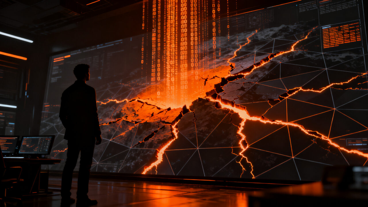 Estratega de ciberseguridad analizando vulnerabilidades digitales bajo el impacto de la inteligencia artificial.