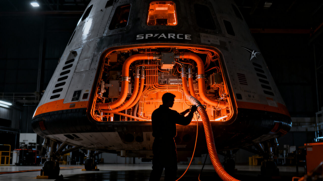 Ingeniero aeroespacial trabajando en la cápsula Dragon de SpaceX, simbolizando la gestión de riesgos y precisión técnica.