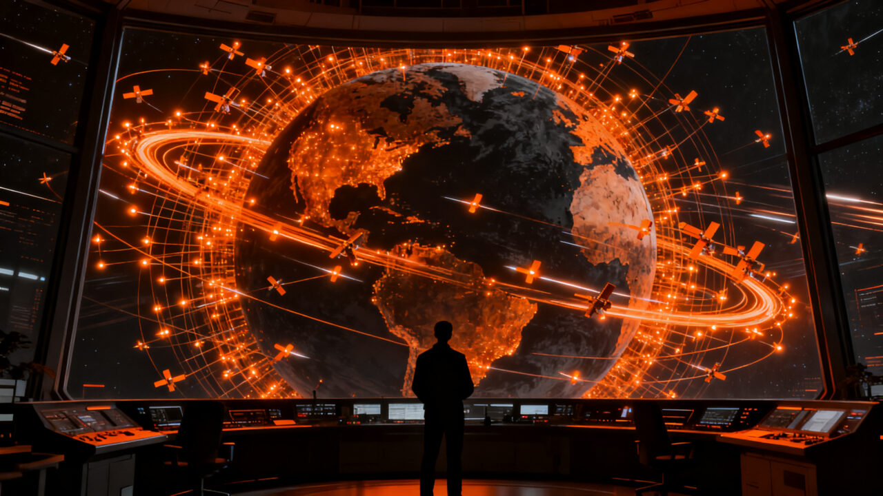 Representación visual de la gestión de tráfico espacial y megaconstelaciones de satélites SpaceX orbitando la Tierra.