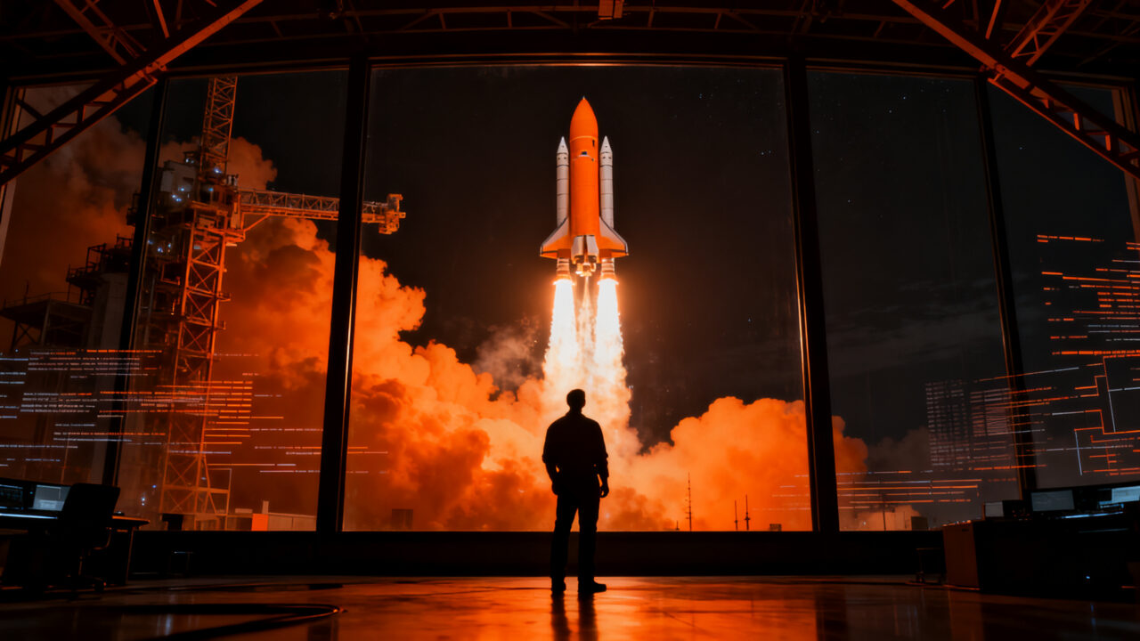 Silueta de un ingeniero espacial observando el despegue de un cohete hacia el espacio, representando la ruptura de contratos entre SpaceX y la NASA.