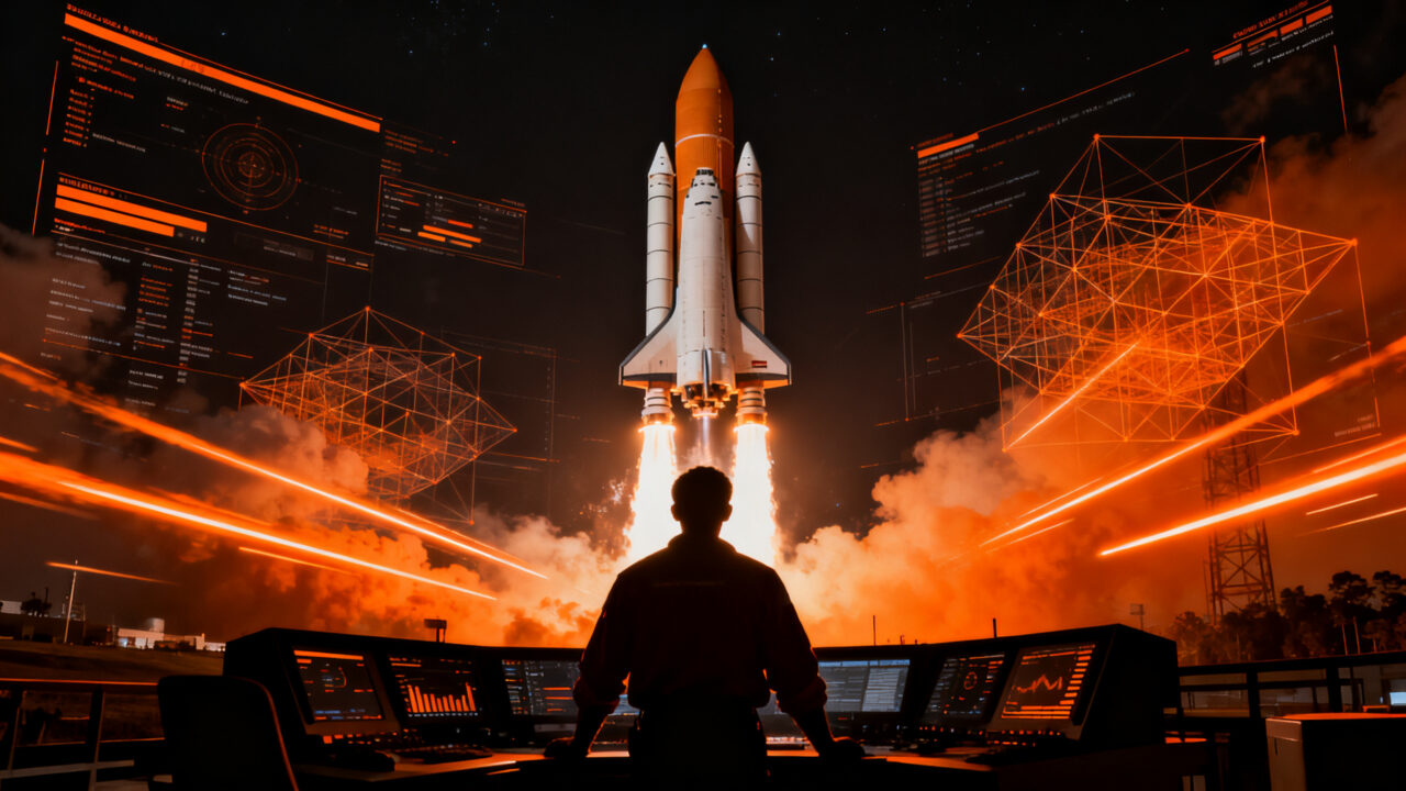 Lanzamiento nocturno de un cohete Falcon Heavy de SpaceX, simbolizando la estrategia operativa y el liderazgo en deep tech.