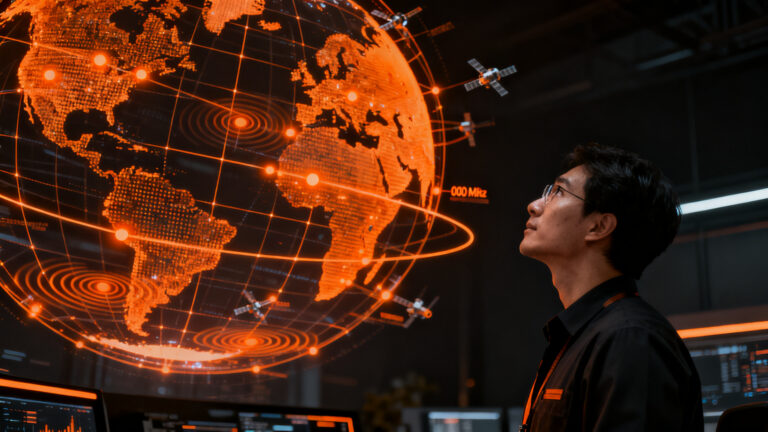 Silueta de un ingeniero analizando una red de satélites Starlink sobre un mapa global, representando la expansión de SpaceX en el mercado de telecomunicaciones.