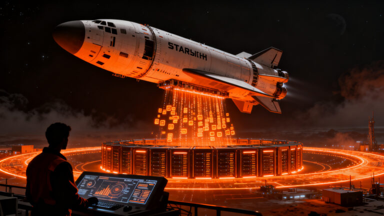 Concepto visual de SpaceX Starship en órbita integrando infraestructura de computación de IA y data centers espaciales.