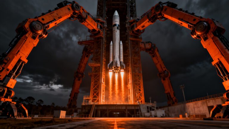 La torre Mechazilla de SpaceX intentando capturar ambas etapas del cohete Starship en un vuelo de prueba.