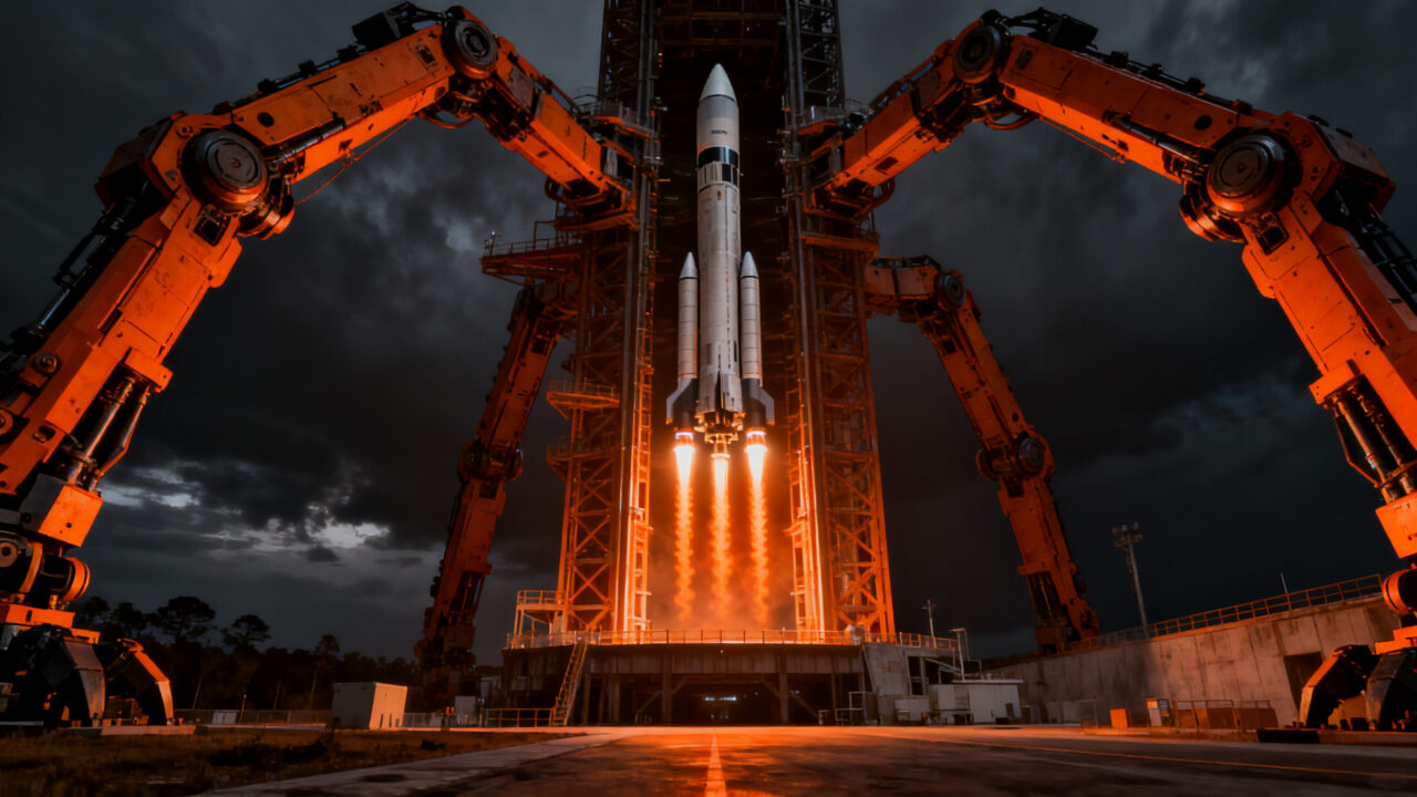 La torre Mechazilla de SpaceX intentando capturar ambas etapas del cohete Starship en un vuelo de prueba.