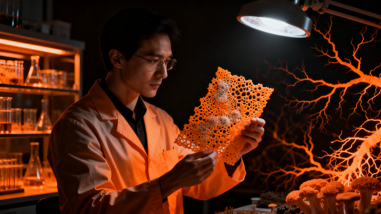 Científico de la startup chilena Spora trabajando con micotextil y biotecnología de hongos para innovación sostenible.
