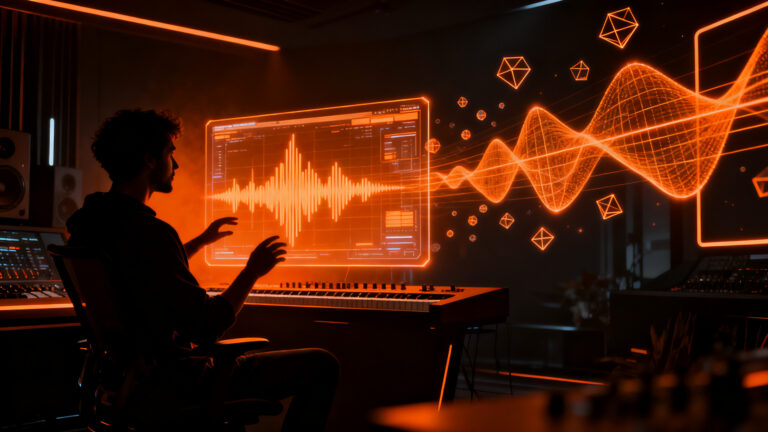 Usuario usando herramientas de IA para crear remixes musicales en una plataforma digital, representando la monetización de la música generativa en Spotify.