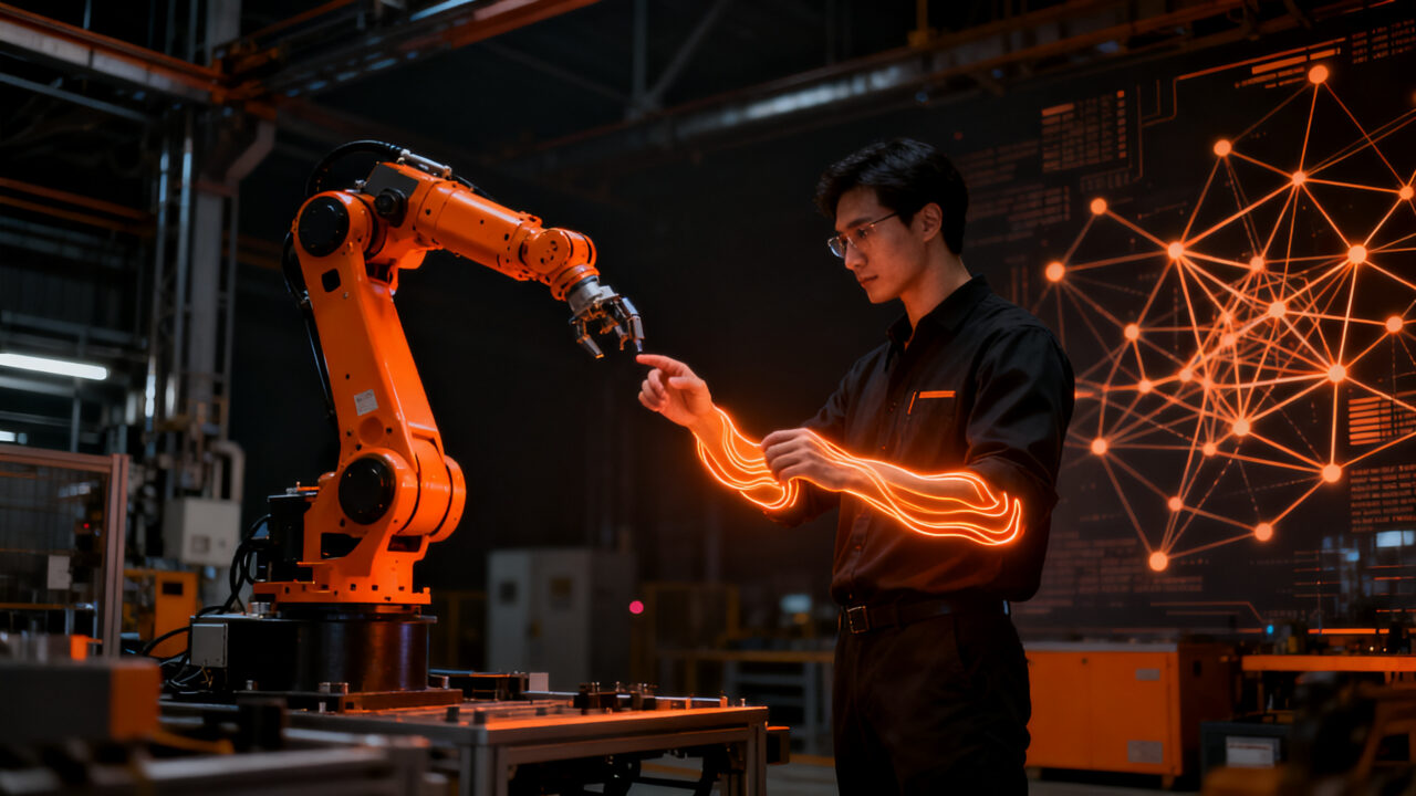 Especialista interactuando con brazo robótico industrial en un entorno de automatización inteligente, representando la IA nativa aplicada a la robótica.
