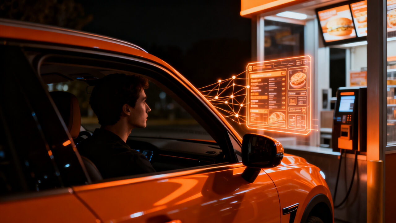 Cliente interactuando con un menú digital inteligente en un drive-thru impulsado por inteligencia artificial.