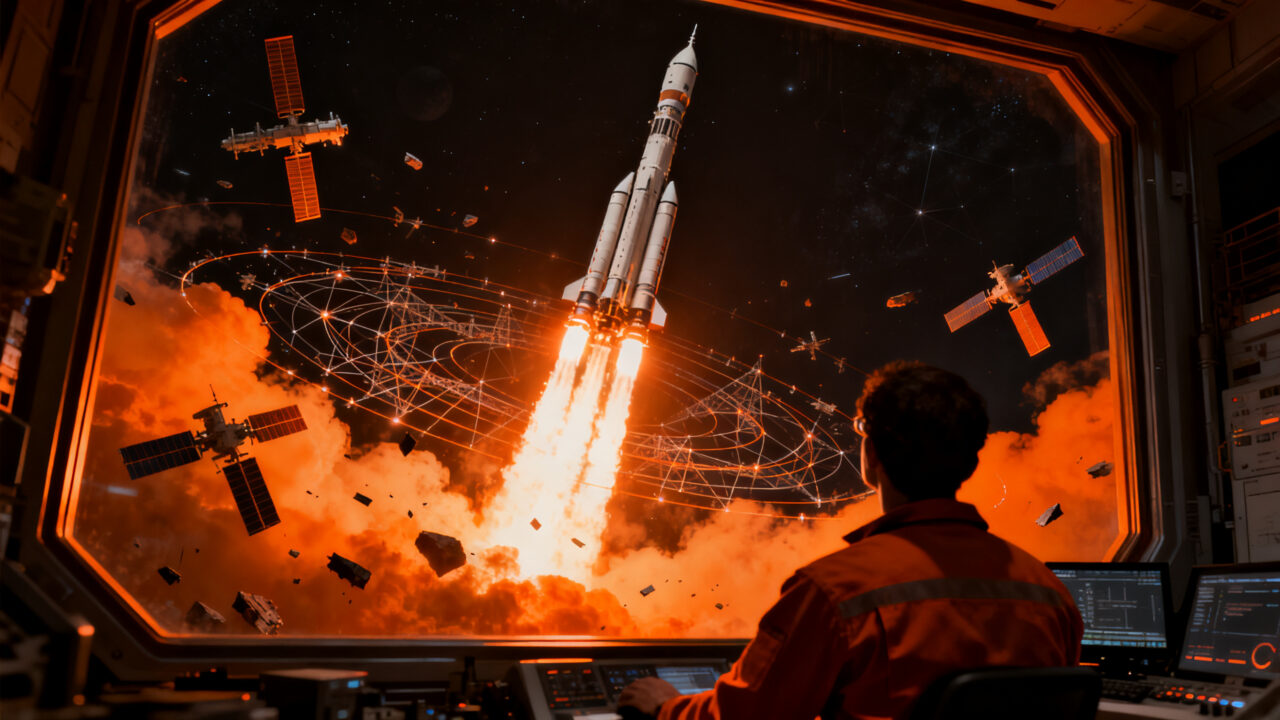 Lanzamiento de cohete Starship y satélites Starlink en órbita, representando la evolución de la infraestructura espacial y el mercado de lanzamientos.