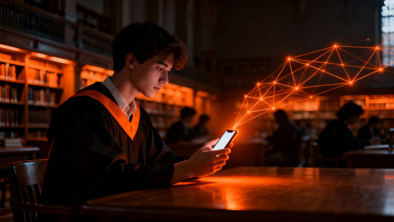 Estudiante universitario usando una app de citas dentro de una biblioteca, representando la nueva red social para conectar en el campus.