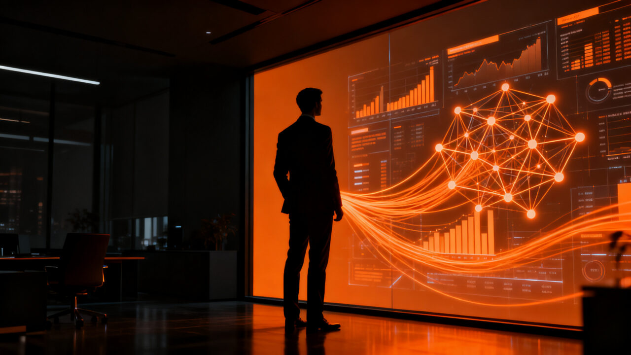 CFO tomando decisiones estratégicas frente a una interfaz de inteligencia artificial en una startup, representando el equilibrio entre tecnología y liderazgo financiero.