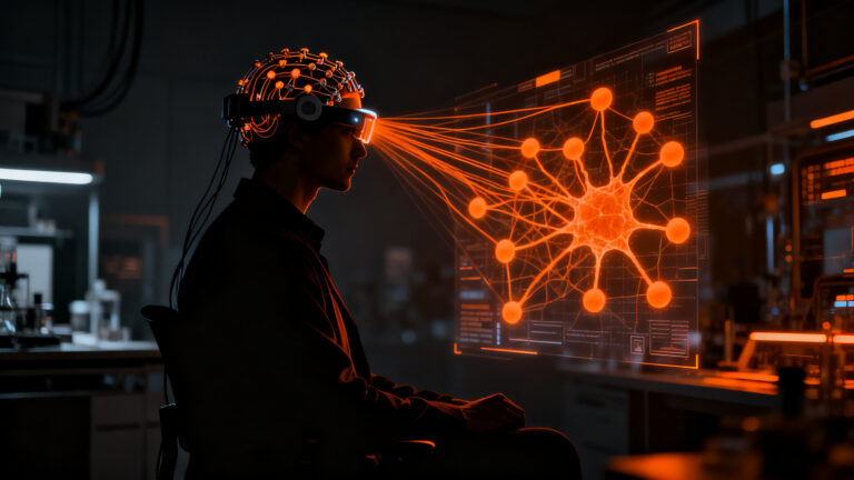 Investigador analizando datos de neurotecnología con casco EEG E1, representando el futuro de la inversión en deeptech.