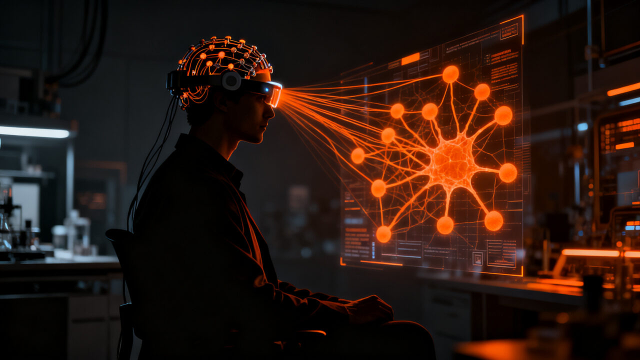 Investigador analizando datos de neurotecnología con casco EEG E1, representando el futuro de la inversión en deeptech.