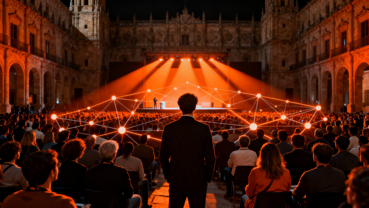 Multitud de emprendedores en el evento Startup Olé en Salamanca, simbolizando la conexión y el ecosistema de innovación global.