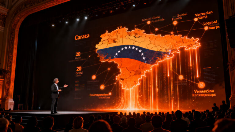 Richard Branson inaugurando el Startup Venezuela Summit en Caracas ante inversores globales, impulsando el ecosistema startup.