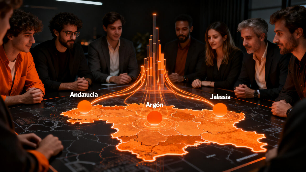 Emprendedores en un entorno tecnológico conectados a oportunidades de inversión en España, representando el programa Road To Investment en Andalucía, Aragón y Galicia.