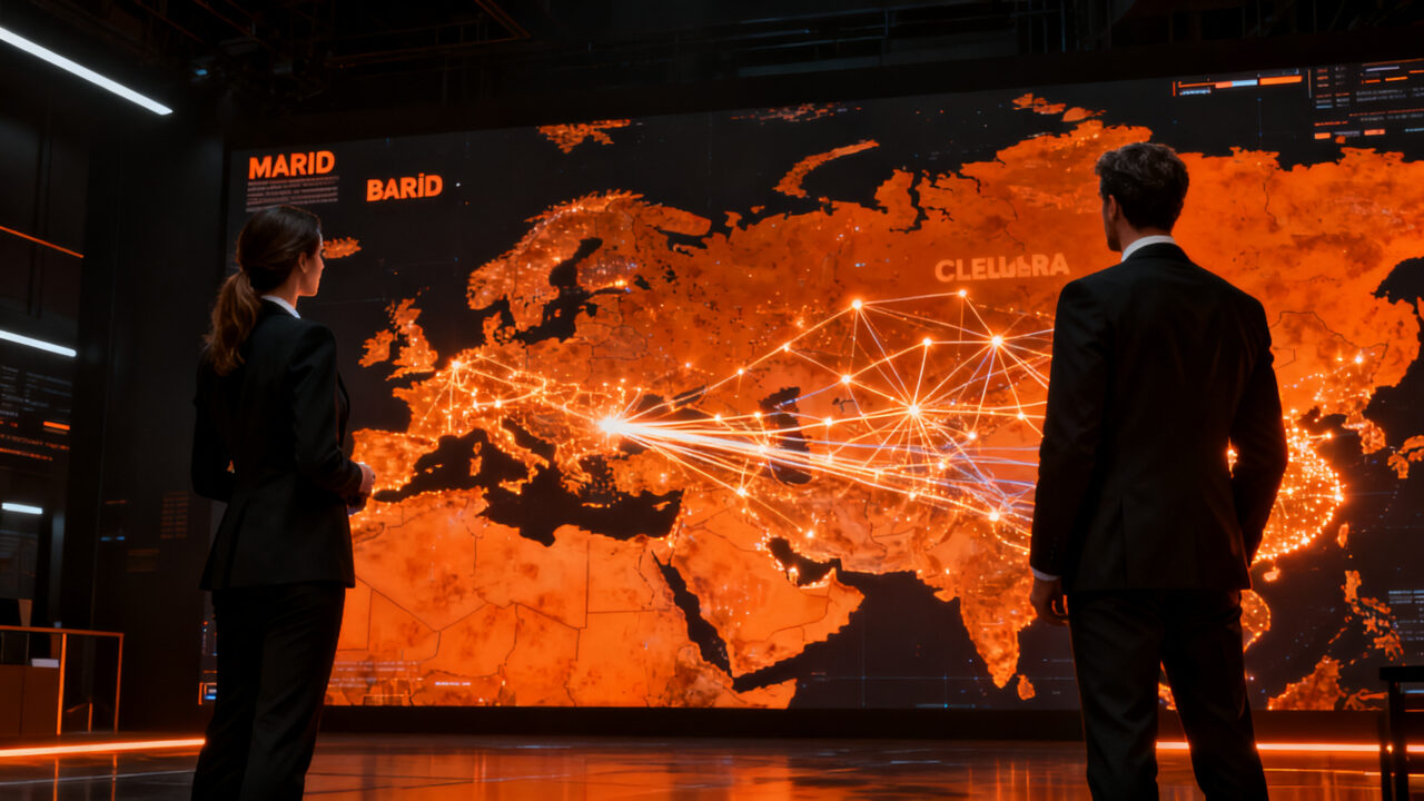 Dos fundadores de startups de ciberseguridad de Madrid conectando con mercados internacionales en un entorno digital global.
