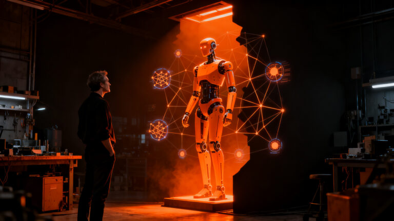 Startups de IA y deeptech en transición del laboratorio al mercado, mostrando robots humanoides y tecnología avanzada.
