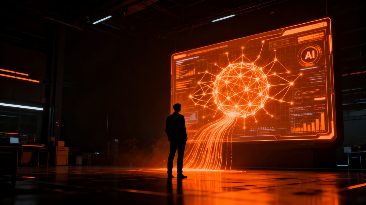 Emprendedor solitario trabajando frente a una interfaz de inteligencia artificial, representando la tendencia de startups fundadas en solitario.