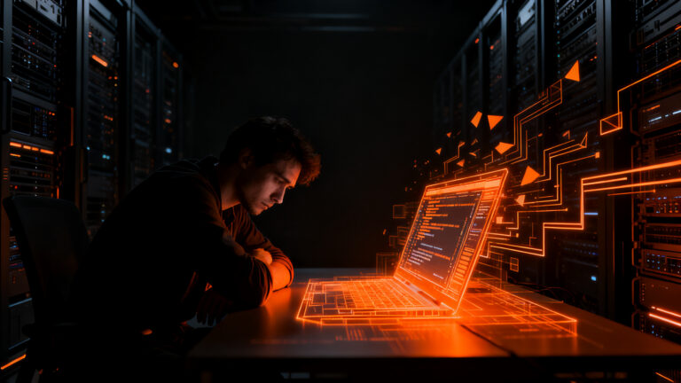 Desarrollador agotado frente a una pantalla de código, representando el burnout en la era de la IA y el State of Devs 2026.