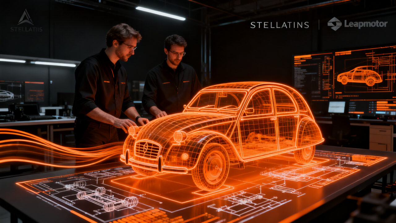 Ingenieros de Stellantis y Leapmotor trabajando en el diseño del nuevo Citroën 2 CV eléctrico, simbolizando la innovación y eficiencia en el desarrollo automotriz.