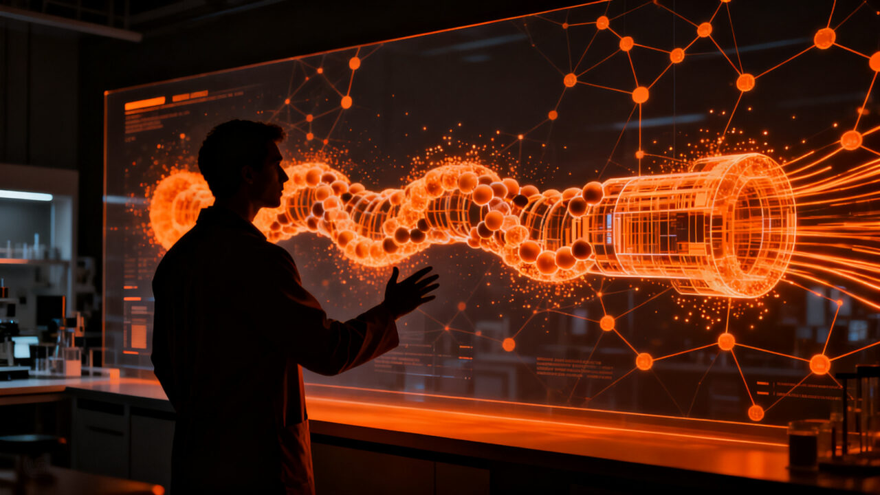 Investigador científico analizando estructuras moleculares de péptidos diseñados con inteligencia artificial para el tratamiento de la obesidad.