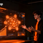 Estudiante emprendedor utilizando inteligencia artificial StratiApp, representando la innovación tecnológica y éxito de startups LATAM.