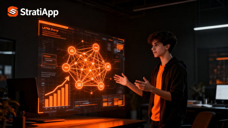 Estudiante emprendedor utilizando inteligencia artificial StratiApp, representando la innovación tecnológica y éxito de startups LATAM.