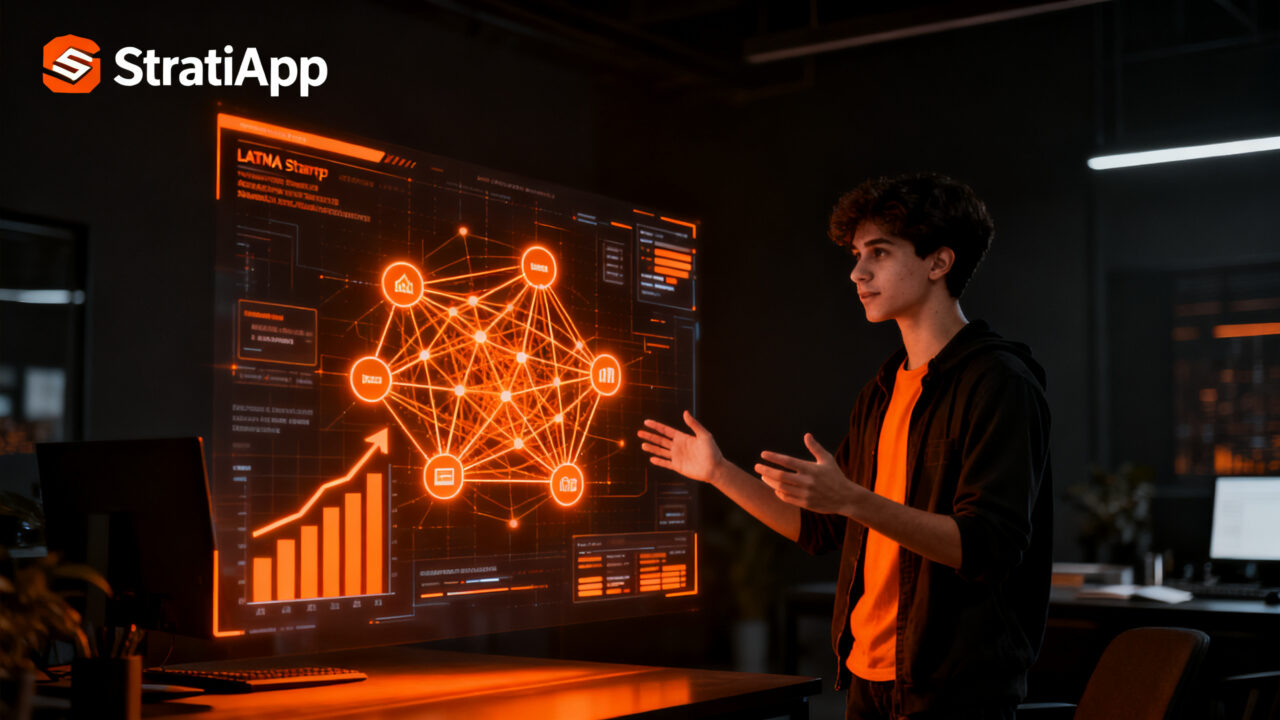 Estudiante emprendedor utilizando inteligencia artificial StratiApp, representando la innovación tecnológica y éxito de startups LATAM.
