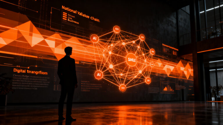 Líder empresarial analizando datos de inteligencia artificial para la transformación digital de pymes en Chile durante el Summit País Digital.